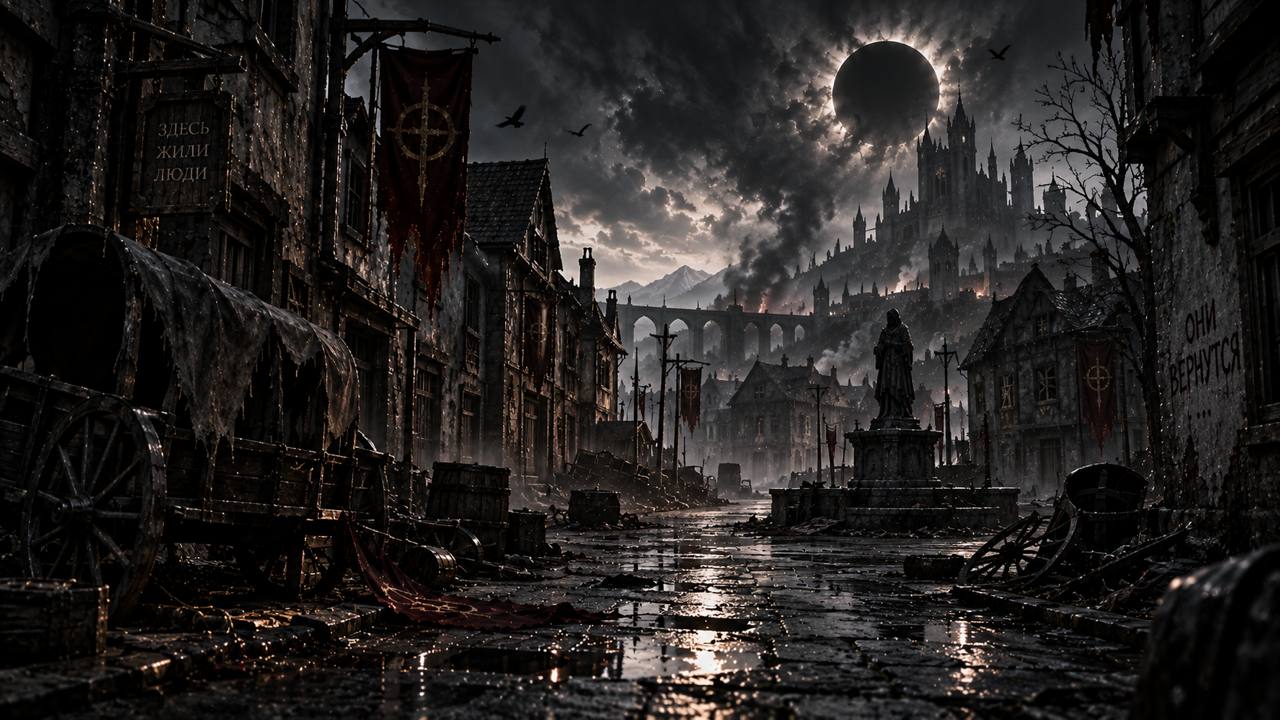 Опустевшая улица города под чёрным затмением