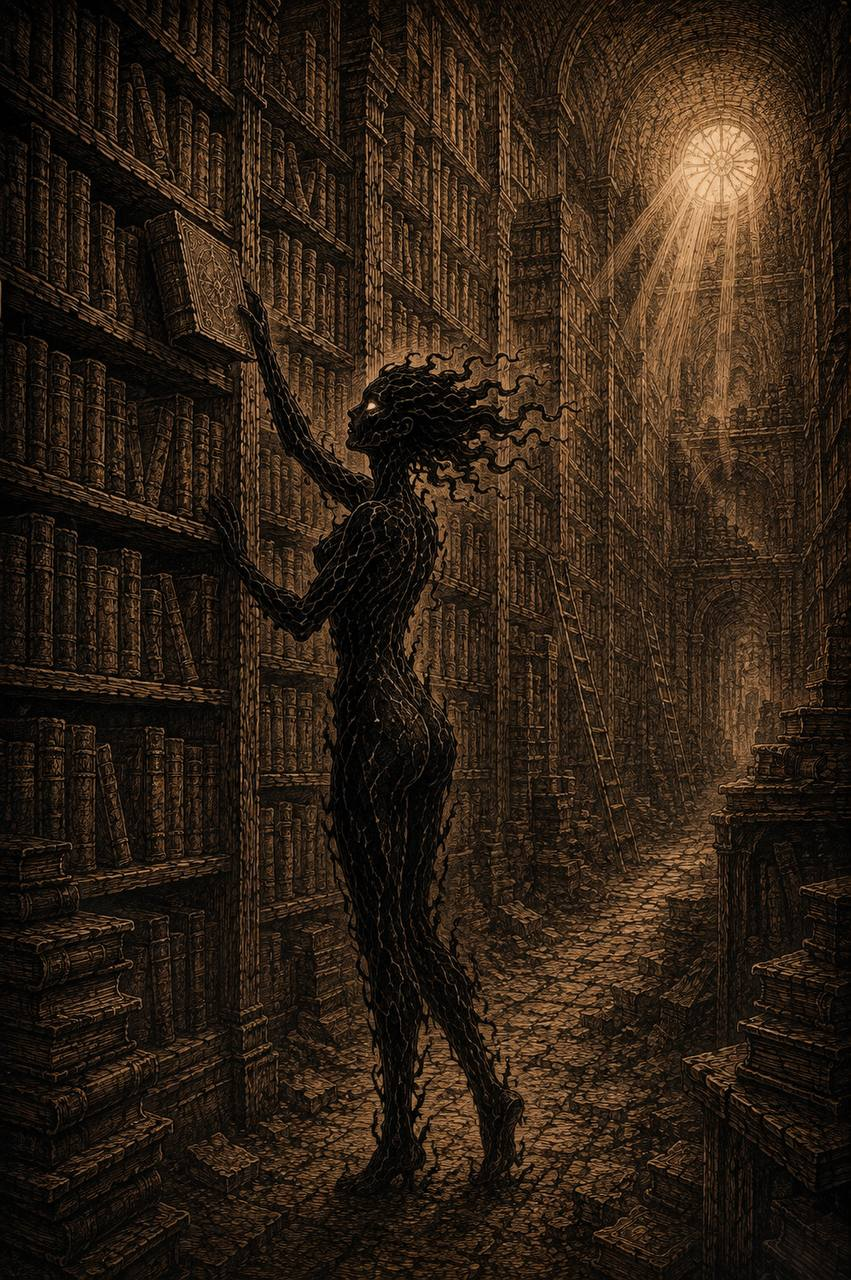 Художественная гравюра интерьера древней библиотеки с высокими книжными полками
