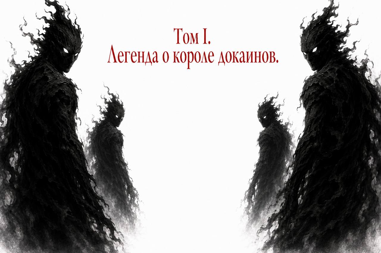 Концептуальная иллюстрация Тома I: четыре тёмные фигуры и название «Легенда о короле докаинов»